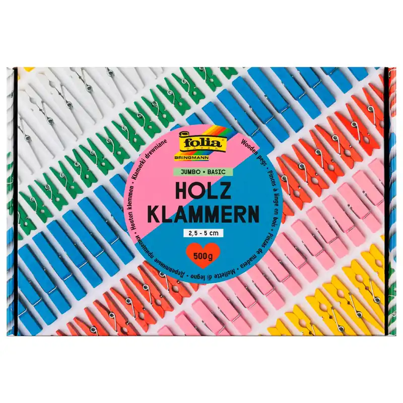 Preisknaller Holzklammern Jumbo Pack Basic, 500 g – ca. 400 bunte Bastelklammern (2,5–5 cm)