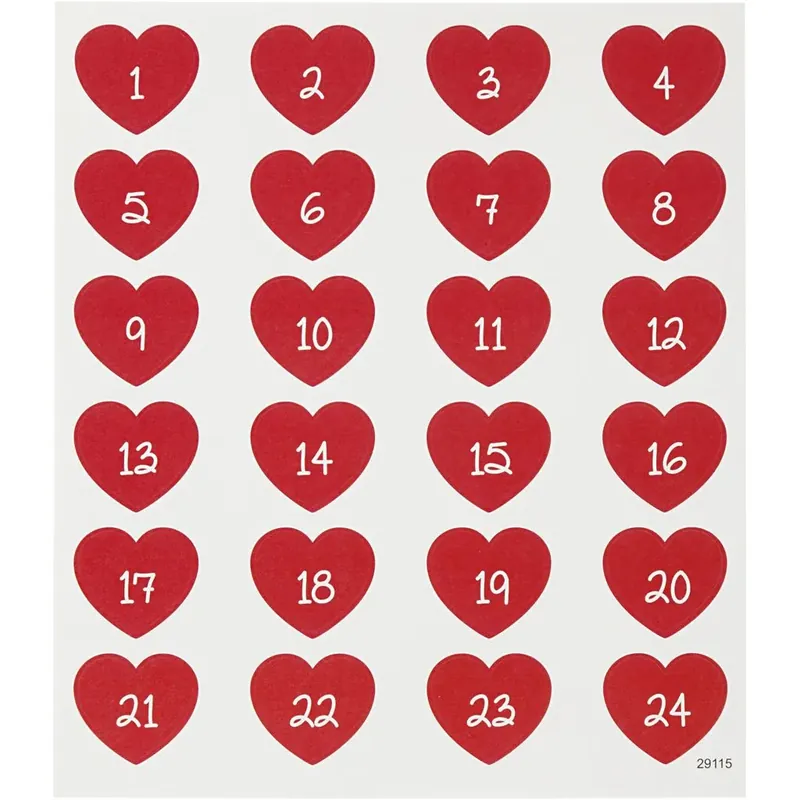 Preisreduziert Sticker, 1-24, Zahlen für Adventskalender in Herzform