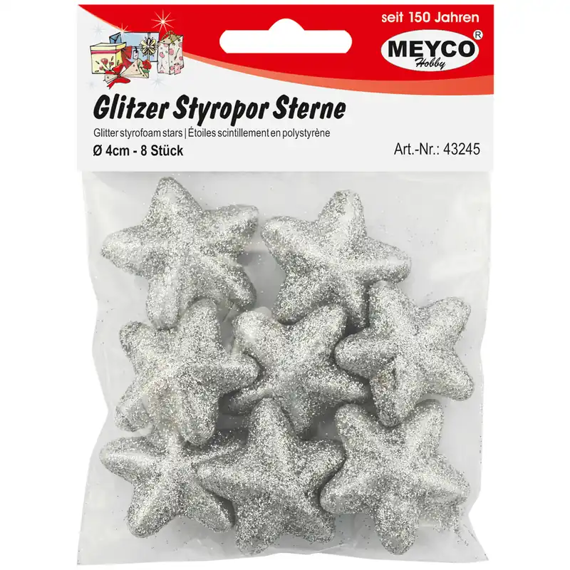 Weltweiter Versand Glitzer-Styropor-Sterne, silber, 4cm, 8 Stk