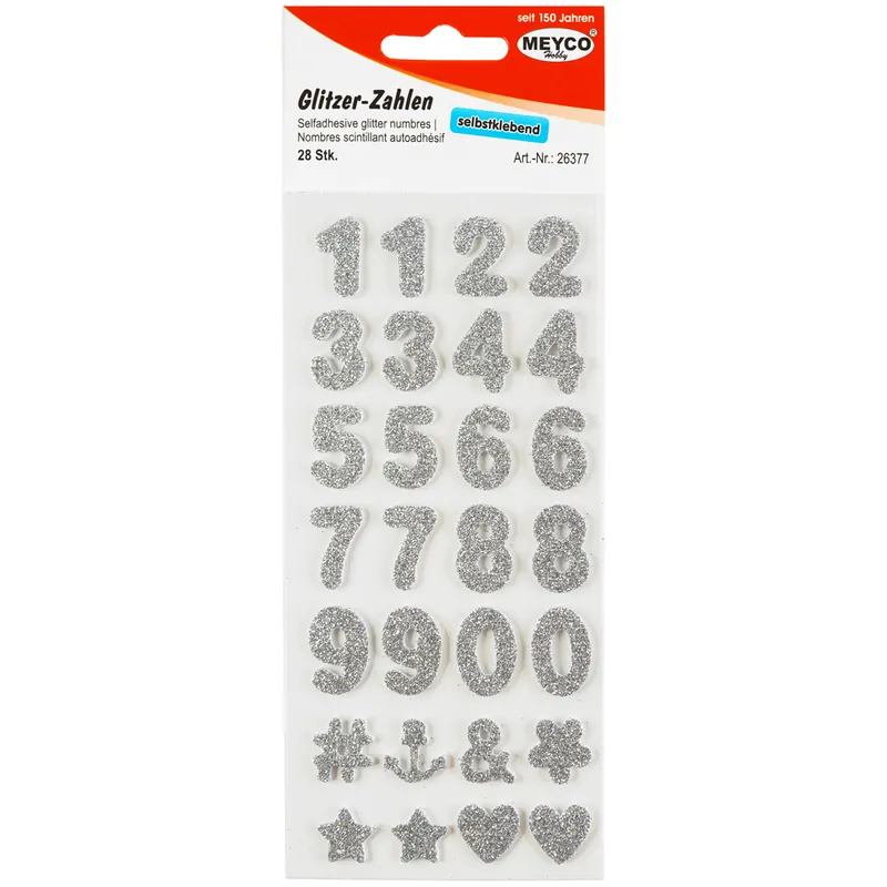 Zahlen Sticker, Glitter-silber, 2mm stark, 2cm hoch Top-Preis
