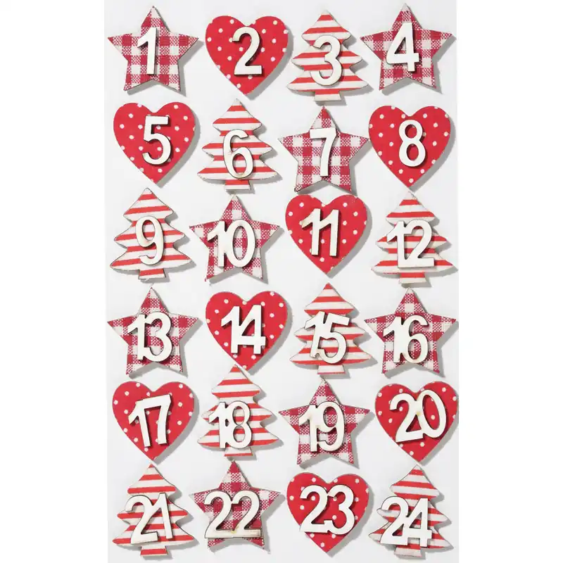 Zertifiziert Mini Holzzahlen-Set 1-24 - Stoffdesign, rot