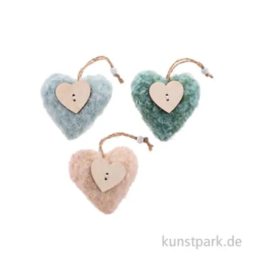 Plüschherzen mit Hänger, Mint Natur Petrol, 3 Stück, 7,5 x 7,5 x 2 cm Begrenztes Angebot