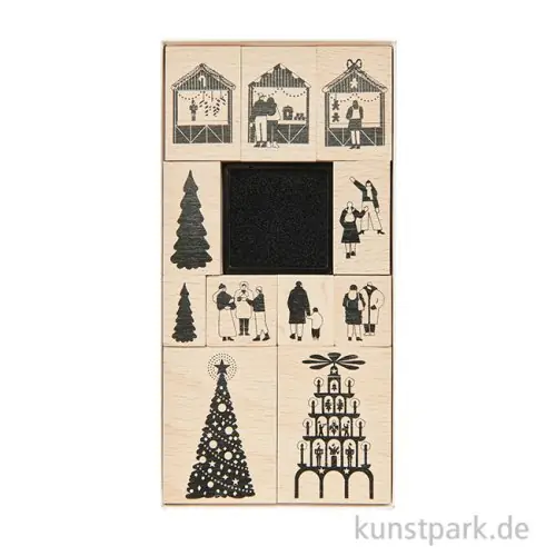 Stempelset - Weihnachtsmarkt, 11 Holzstempel + Stempelkissen Garantierte Lieferung
