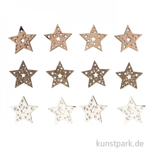 Billig Holz-Streuteile Sterne mit Glitzer und Klebepunkt, 3,5cm, 12 Stück