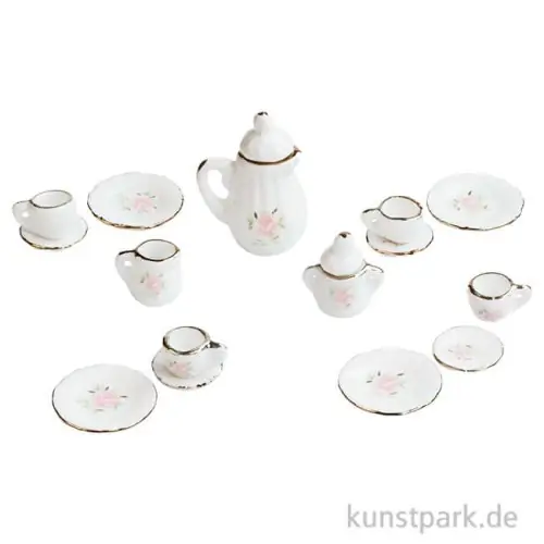 Miniatur Kaffeeservice, Weiß-Rosa mit Goldrand, 1-3,5 cm, 15-teilig Neue Ware