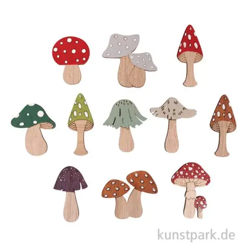 Begrenztes Angebot Holz Streuteile Pilze mit Klebepunkt, 3,2-4,5 cm, 11 Stück