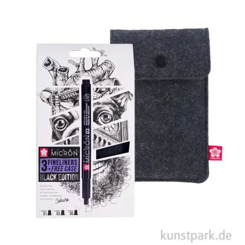 Sakura PIGMA Micron Set - 3 Fineliner + Filzetui, Black Edition Begrenztes Angebot