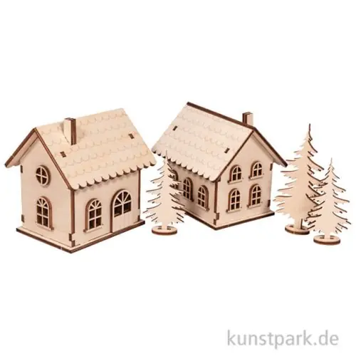 Holzbausatz Lichterhäuser, Natur, 7-10 cm, 48-tlg + LED Lichterketten Mega-Angebot