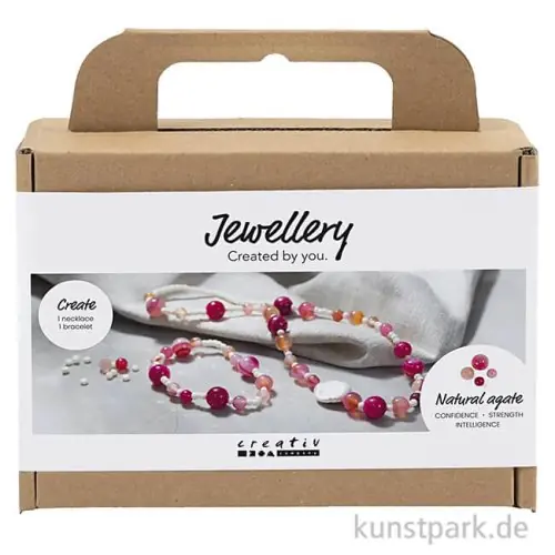 Im Trend Bastelset Schmuck, Achat Perlenkette + Armband, Pink