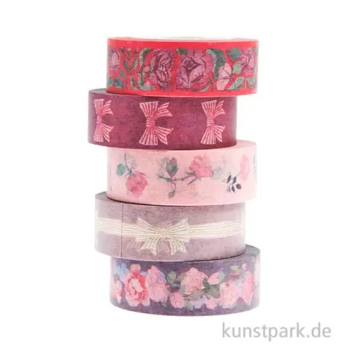 Solange Der Vorrat Reicht Washi Tape Set - La Vie en Rose, Pink, 5 Stück, je 10 m