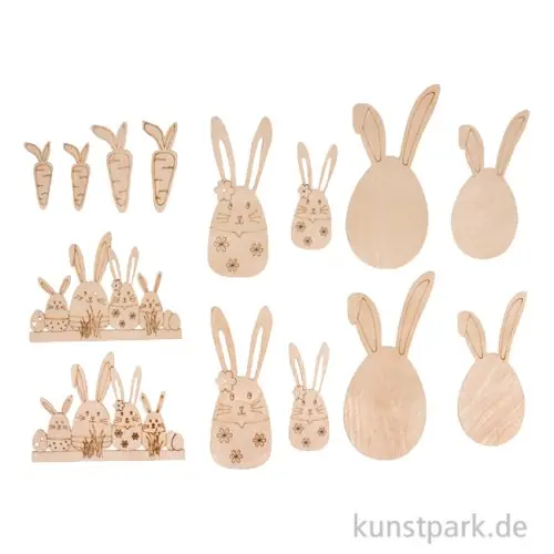 Geld-Zurück-Garantie Furnierholz Osterhasen + Freunde, Natur, 3,9-8,8 cm, 14 Stück