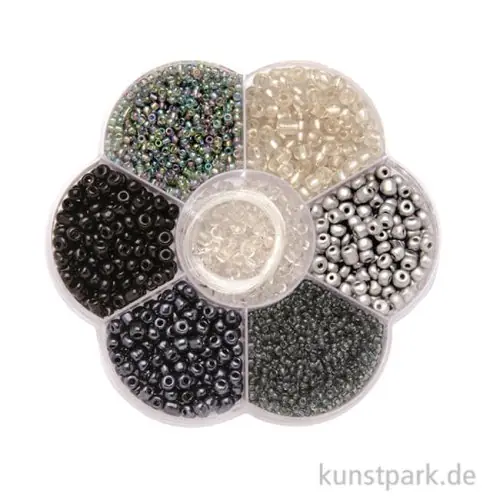 Perlen Mix - Schmuckperlen mit Nylonfaden + Verschluss, Schwarz Silber Geprüft
