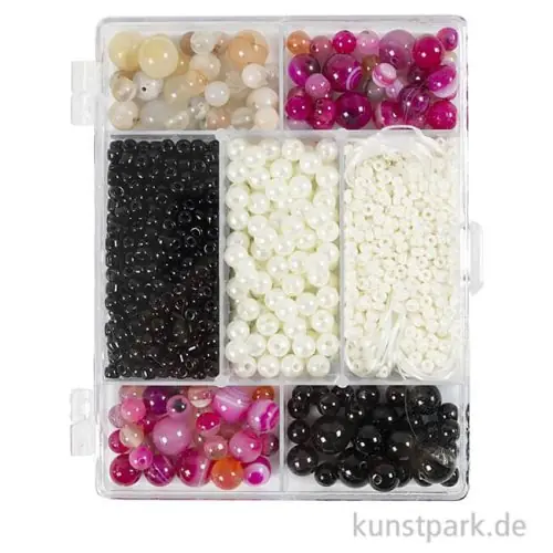 Preiswert Schmuckperlen Mix mit Zubehör, Achate, Beige, Schwarz, Pink, Weiß