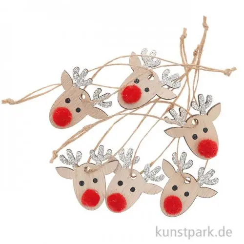 Rentier-Anhänger aus Holz mit Silber-Glitter, 6 Stück Versand Am Gleichen Tag