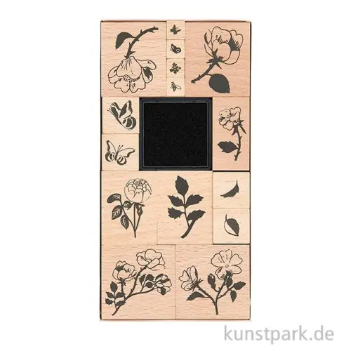 Weltweiter Versand Stempelset - La Vie en Rose, Roses, 15 Holzstempel + Stempelkissen