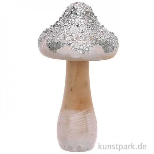 Wochenendangebot Großer Pilz aus Holz mit Silber-Glitter, Größe 7x14 cm