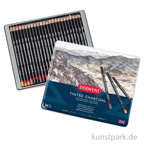 Derwent TINTED Charcoal, 24 Tinten-Kohlestifte im Metalletui Echt