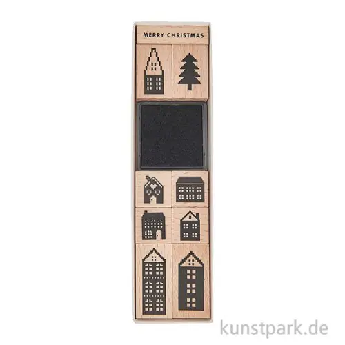 Bestseller Stempelset - Häuser mit 9 Holzstempeln + Stempelkissen
