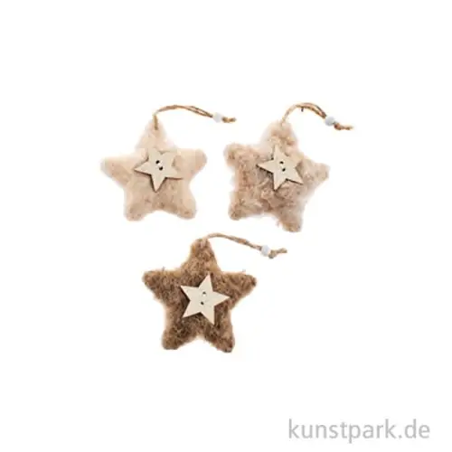 Plüschsterne mit Hänger, Natur, 3 Stück, 7,5 x 7,5 x 2 cm Top-Preis