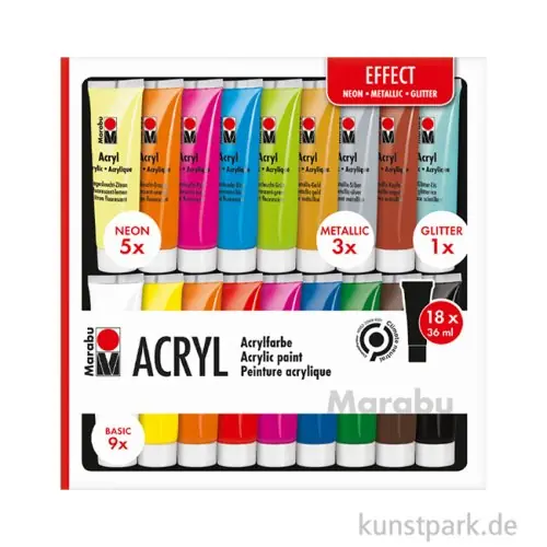 Marabu Acrylfarben Set - Basic + Effektfarben, 18 x 36 ml Gratis Versand