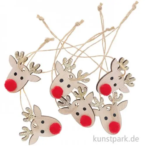 Solange Der Vorrat Reicht Rentier-Anhänger aus Holz mit Gold-Glitter, 6 Stück