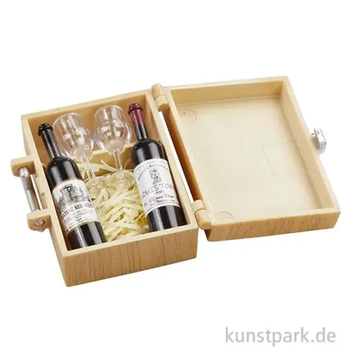 Miniatur Weinbox mit Flaschen, Holz, 4,5 x 3,3 x 2 cm Preiswert