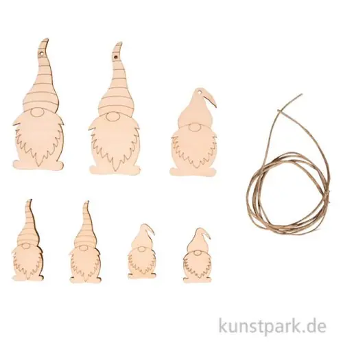 Original Holz Deko Wichtel, Natur, 2,5-9 cm, 7 Stück + Kordel