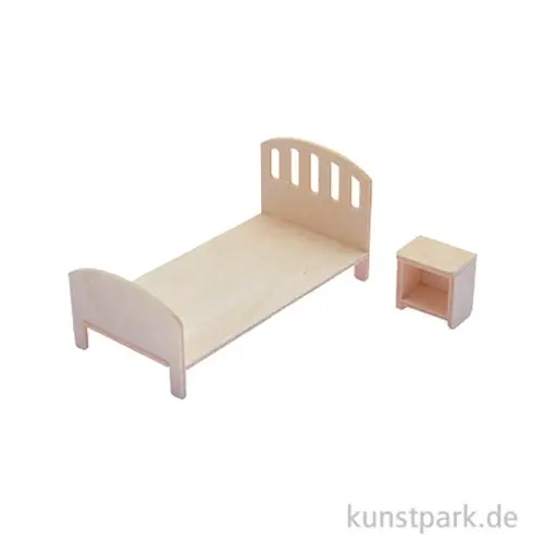 Neu Miniatur Holzbausatz - Schlafzimmer Set, Bett + Nachttisch, 14 x 8 cm