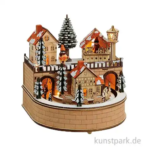 Limited Edition Spieluhr mit LED Beleuchtung, Holz, Weihnachtsdorf, 19 x 21 x 19 cm