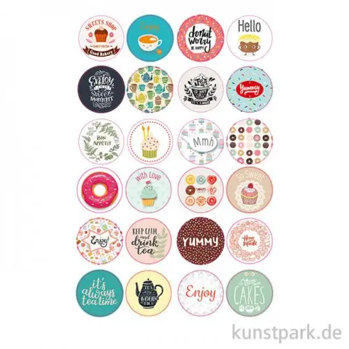 Sticker rund - Tea Time, selbstkebend, 24 Stück sortiert Handgefertigt