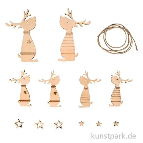 Schneller Versand Holz Deko Rentierfreunde, Natur, 5,5-8 cm, 12 Stück + Kordel