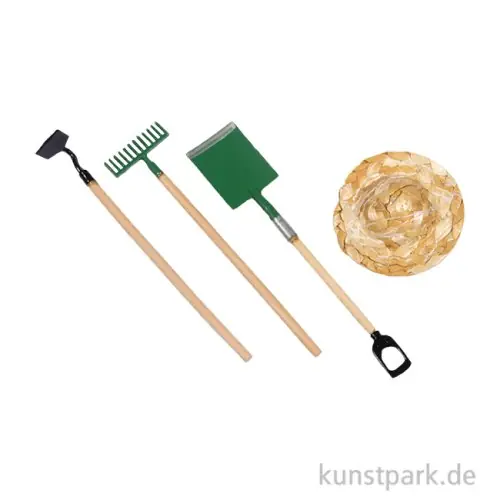 Sichere Zahlung Miniatur Deko Set, Gartengeräte + Strohhut, 4-teilig, 4-9,8 cm