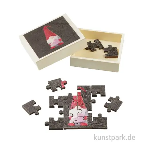 Miniatur Puzzle in Holzbox, Weihnachtwichtel, 5,5 cm, 16-teilig Preis Gesenkt