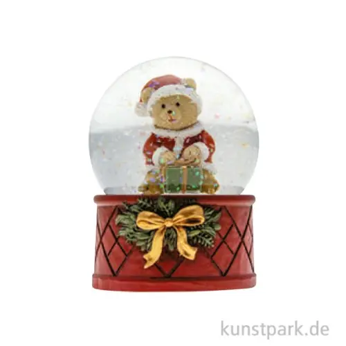 Handgefertigt Schneekugel mit Weihnachtsbär, Keramik, Rot-Grün, 6,5 x 8,7 cm