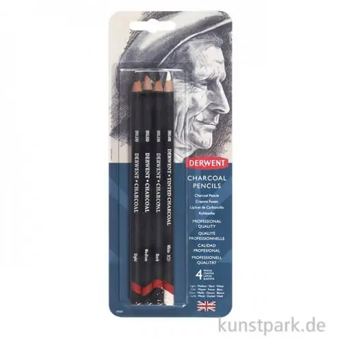 Derwent CHARCOAL, 4 Kohlestifte, Light, Dark, Medium und Weiß im Set Zertifiziert