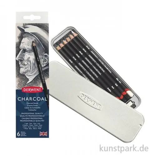 Schneller Versand Derwent CHARCOAL, 6 Kohlestifte mit Anspitzer im Metalletui