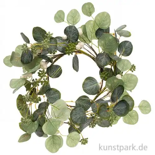Eukalyptuskranz mit weißen Glitter-Beeren, 17 cm Durchmesser Heute Kaufen