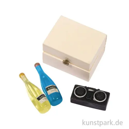 Miniatur Deko Set, Picknickbox, Flaschen + Radio, 4-teilig Letzte Chance