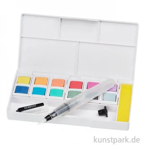 Kostenfreie Lieferung Derwent PASTEL SHADES Aquarellkasten mit 12 Farben und Zubehör