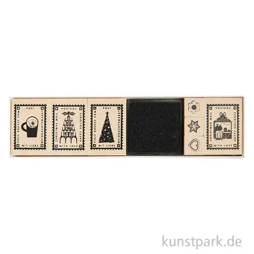 Finale Aktion Stempelset - Weihnachtspost, 11 Holzstempel + Stempelkissen