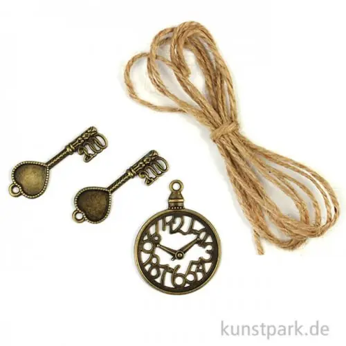 Kostenloser Rückversand Metallcharms Vintage - Uhr und Schlüssel, 3 Stück sortiert