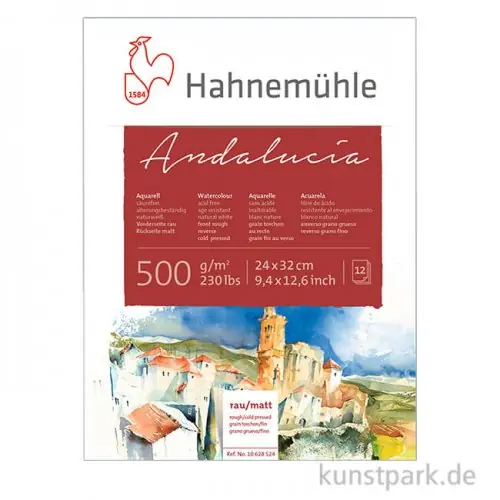 Hahnemühle ANDALUCIA Aquarellkarton, 12 Blatt, 500g rau/matt Preis Gesenkt
