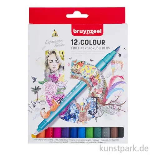 Exklusiv Bruynzeel Fineliner Brush Pen Set mit 12 Farben im Kartonetui
