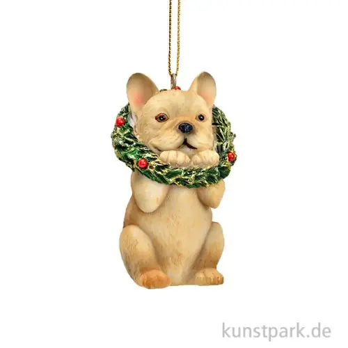 Preiswert Weihnachtshänger Hund mit Kranz aus Poly, Beige / Grün, 4 x 7 x 3 cm