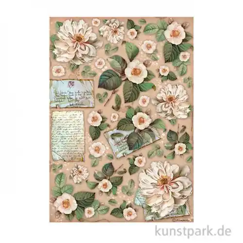 Billig Stamperia Reispapier - Vintage Library Flowers and Letters, DIN A4