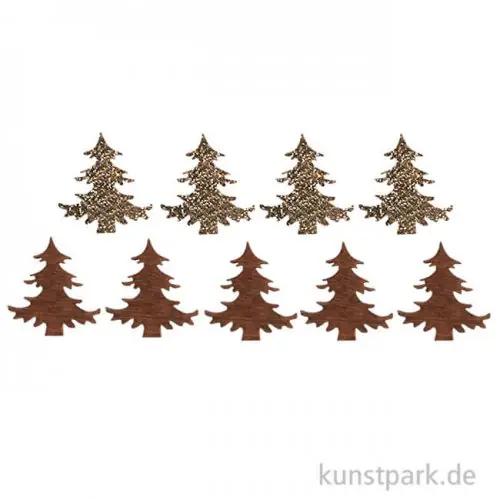 Holzstreuteile, Bäume Braun / Gold Glitzer, 4 cm, 9 Stück Geprüft