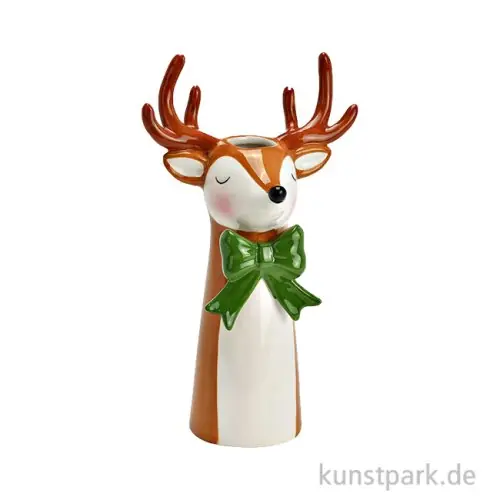 Vase Hirsch mit Schleife aus Keramik, Braun/Grün/Weiß, 14 x 24 x 10 cm Zertifiziert