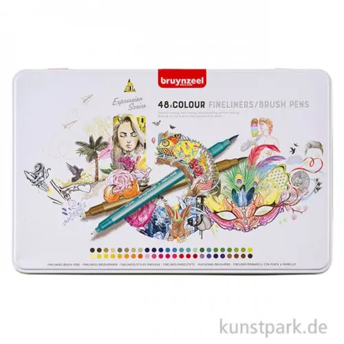 Sonderaktion Bruynzeel Fineliner Brush Pen Set mit 48 Stiften im Metalletui