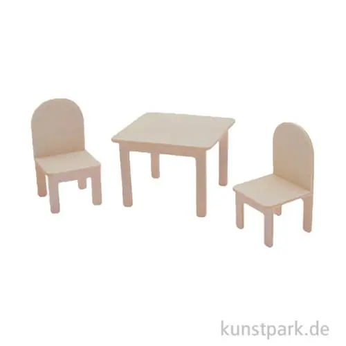 Nur Für Kurze Zeit Miniatur Holzbausatz - Esszimmer Set, Tisch + 2 Stühle, 9 x 8 cm