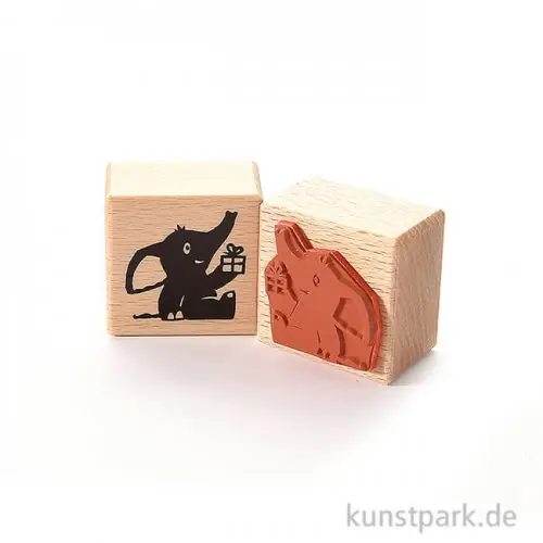 Stempel - Elefant mit Geschenk, 4 x 4 cm Handgefertigt